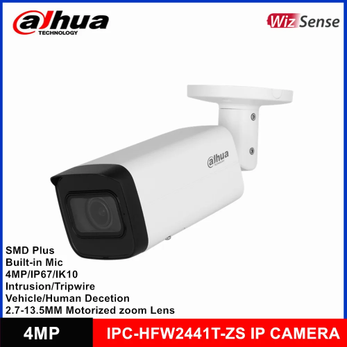 DAHUA IPC-HFW2441T-ZAS-2713, 4Mpix, 2,7-13,5mm Motorize Lens, H265+,Starlight, 60Mt Gece Görüşü, Dahili Mikrofon, IP67, PoE Bullet IP Kamera