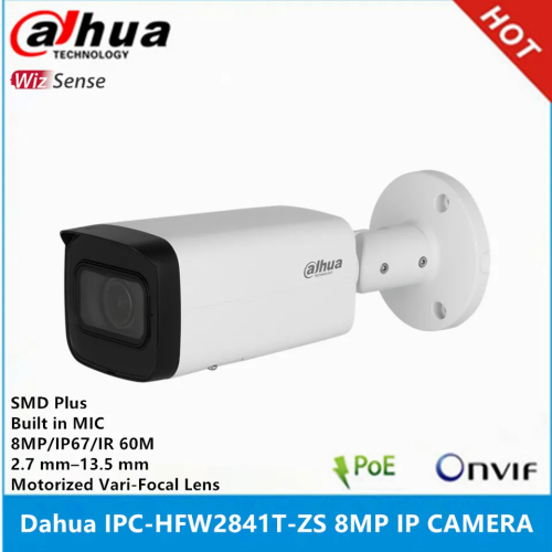 DAHUA IPC-HFW2841T-ZAS-27135, 8Mpix, 2,7-13,5mm Motorize Lens, H265+, 80Mt Gece Görüşü, Dahili Mikrofon, Starlight, IP67, PoE Bullet IP Kamera